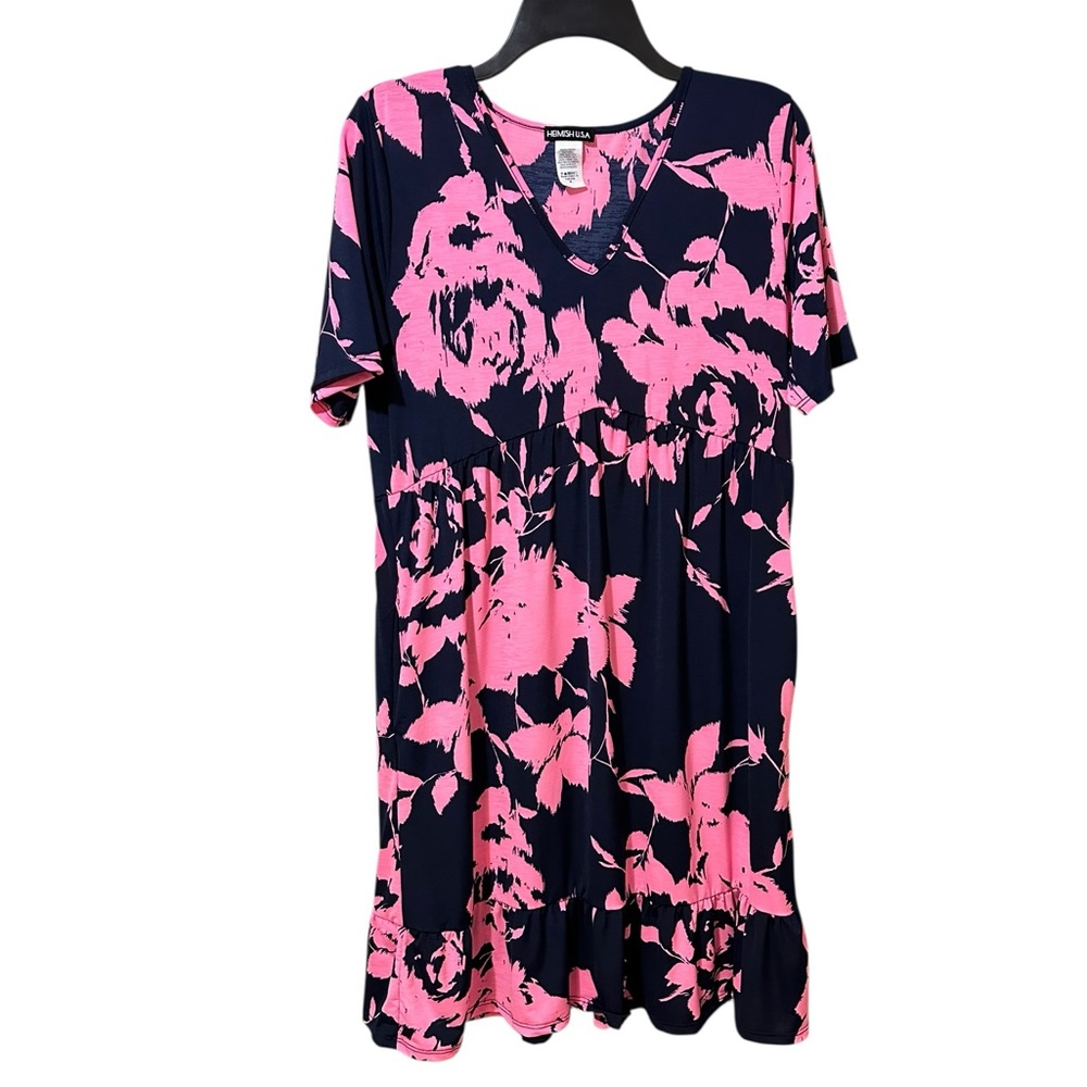 HEMISH U.S.A navy blue & pink v-neck short sleeve ruffle hem loose fit dress M - Picture 2 of 5